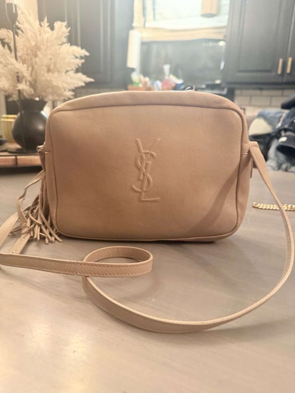 Saint Laurent Beige Leather Crossbody Lou Camera Bag with Tassel